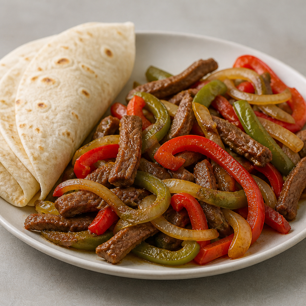 Fajitas de carne vacuna con morrón y cebolla en tortillas de trigo