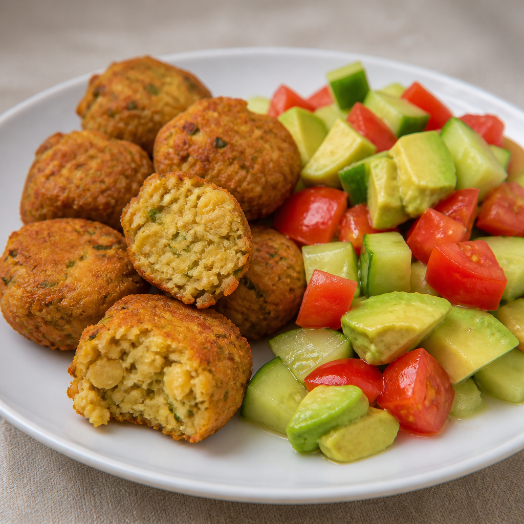 Falafel dorado con ensalada de tomate, pepino y palta