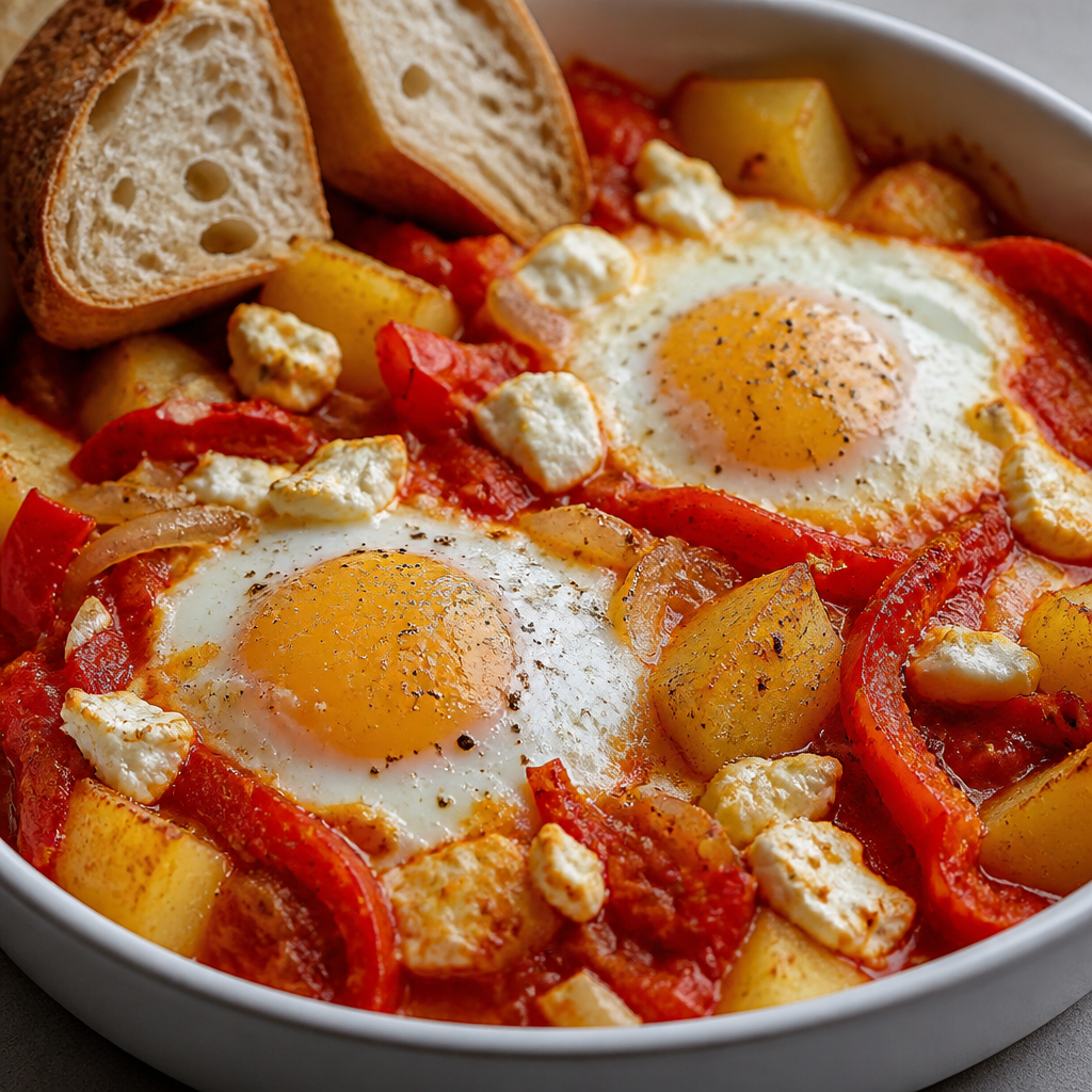 Huevos horneados con papas, cebolla, morrón, tomate y queso feta