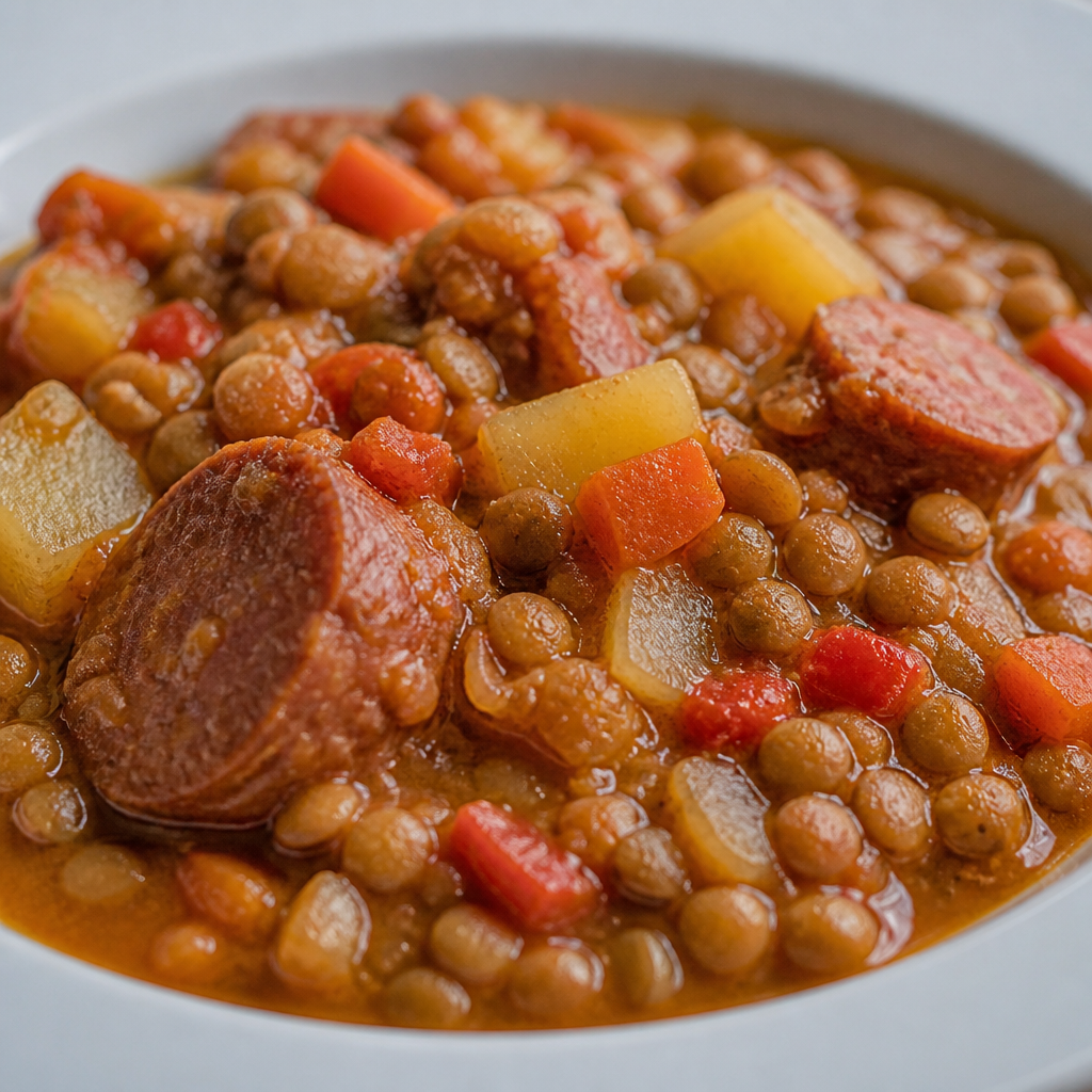 Lentejas guisadas con chorizo, papa y verduras servidas en un plato hondo