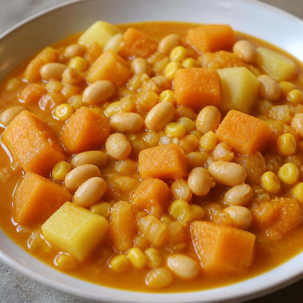 Locro de zapallo y porotos servido en un plato hondo