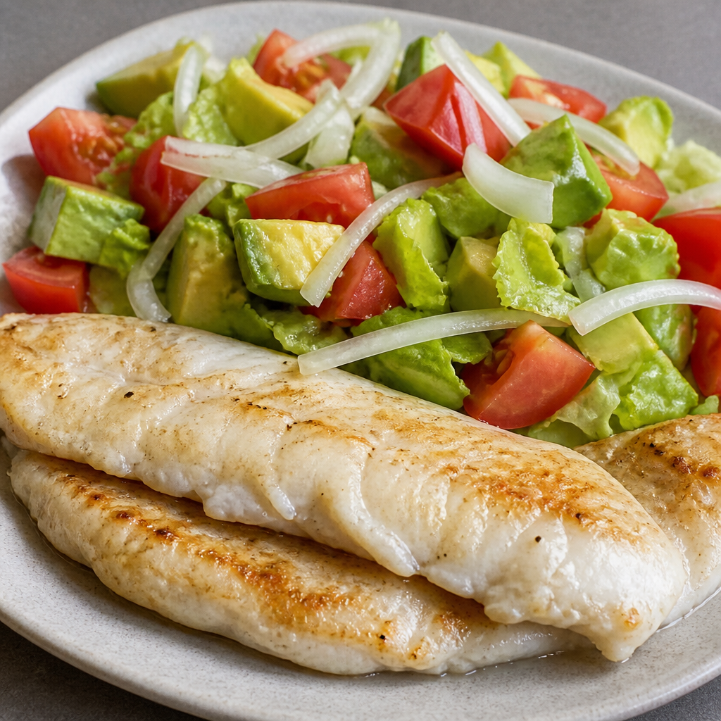 Merluza a la plancha con ensalada de palta, tomate y lechuga