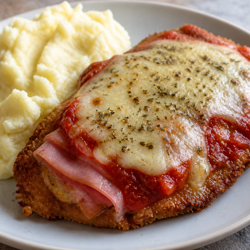 Milanesa napolitana con jamón, mozzarella, tuco y puré de papas