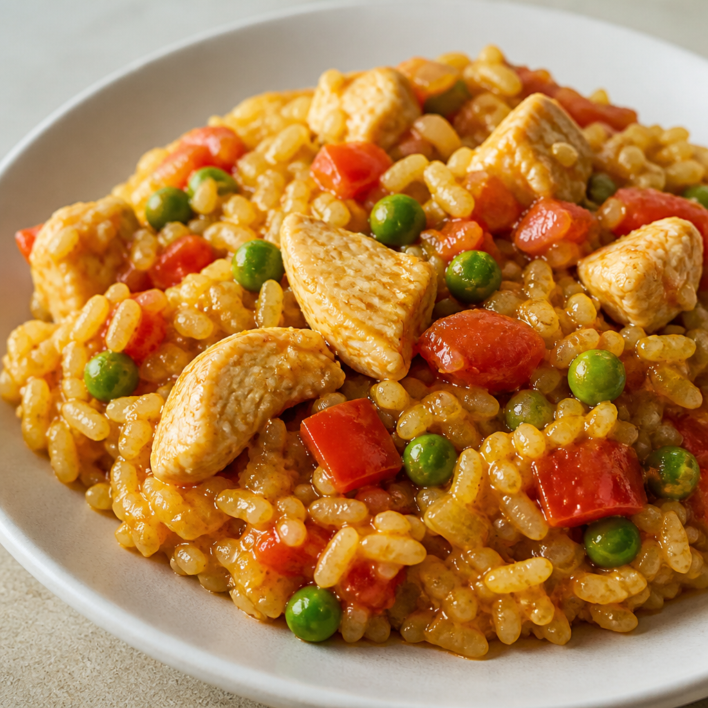 Paella casera de pollo, arroz, morrón, arvejas y verduras
