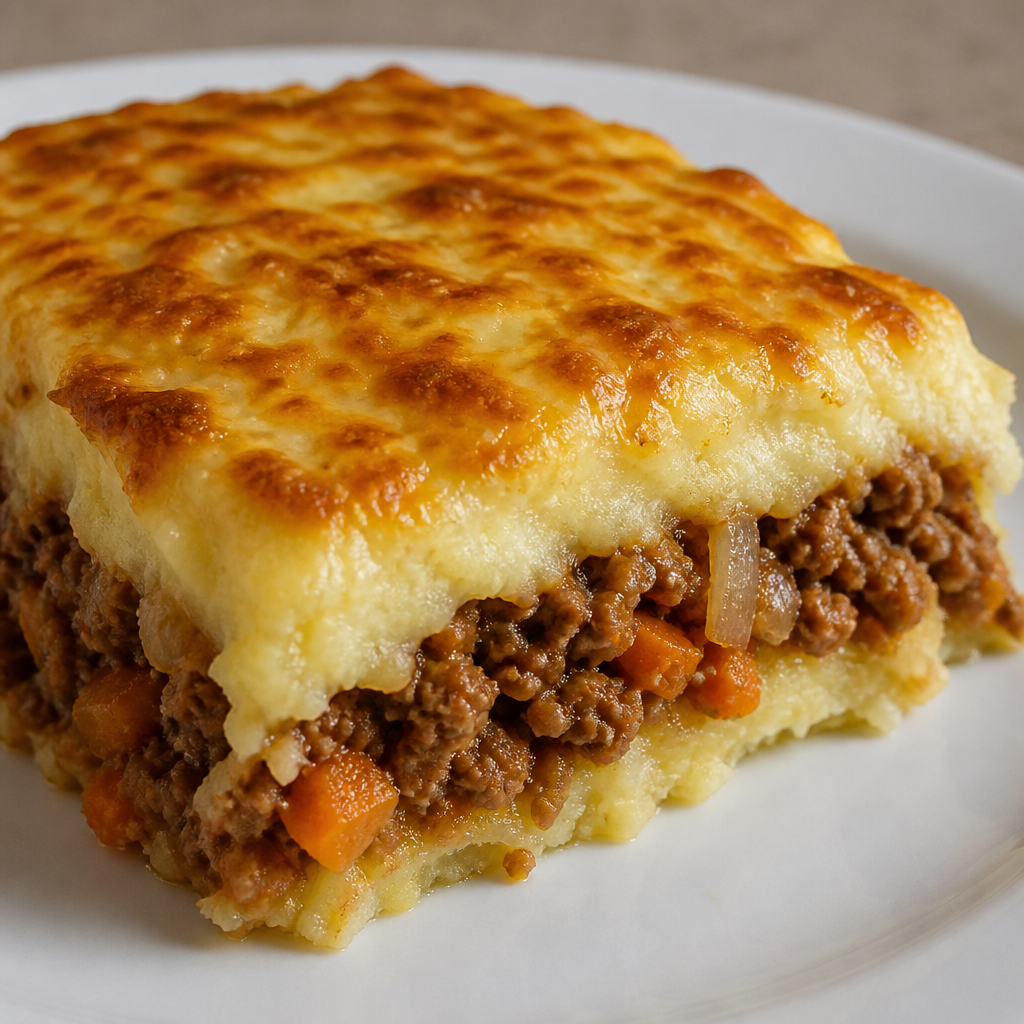 Pastel de papas argentino con puré dorado y relleno de carne