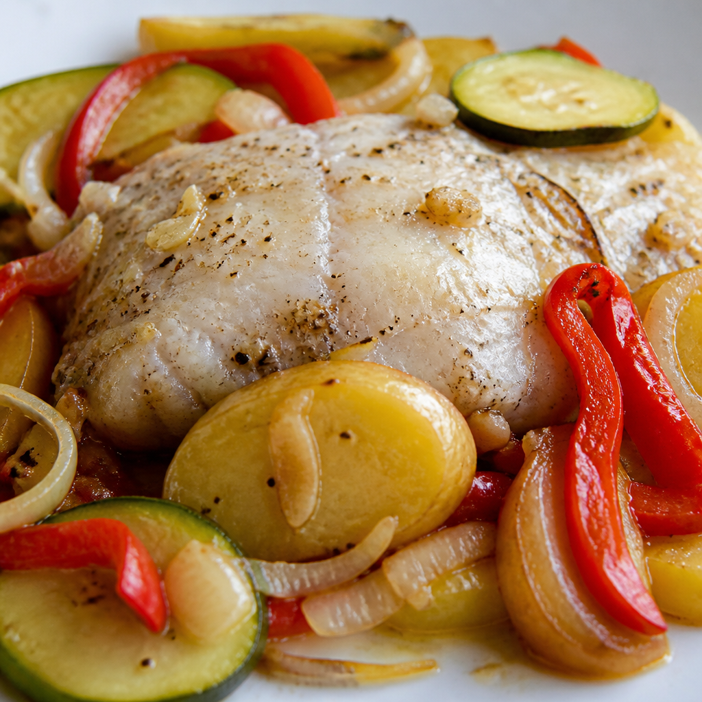 Pescado al horno con papas, zucchini, morrón y cebolla