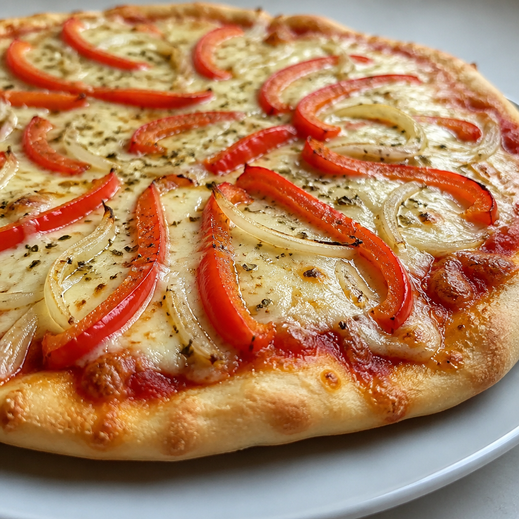 Pizza casera de muzarella y morrones sobre una tabla de madera