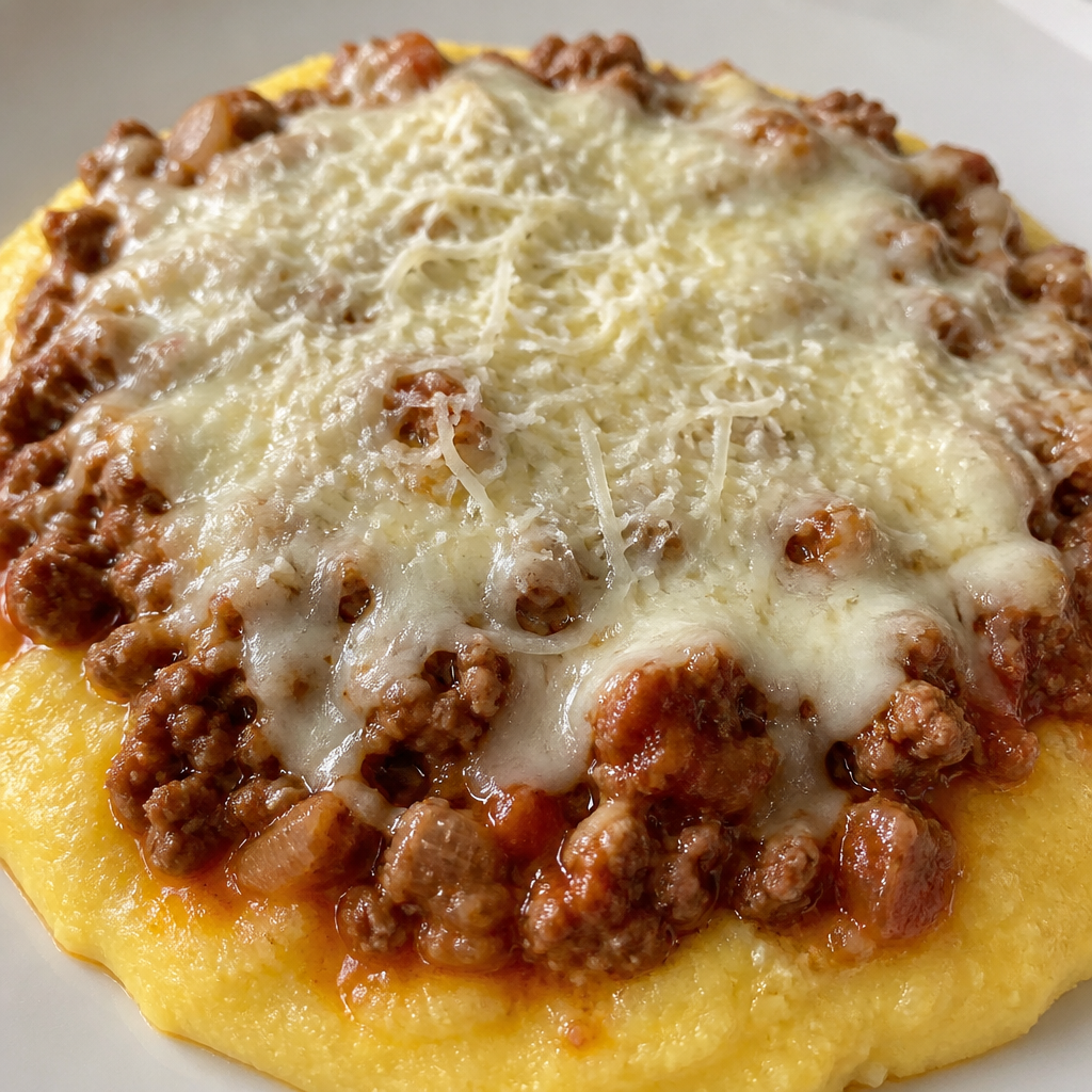 Polenta cremosa con tuco de carne, mozzarella y queso rallado