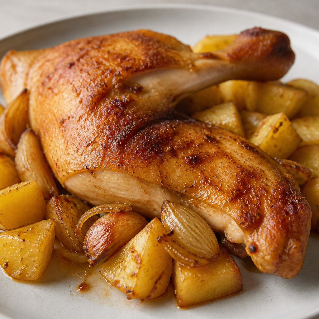 Pollo al horno dorado con papas, cebolla y limón en una fuente