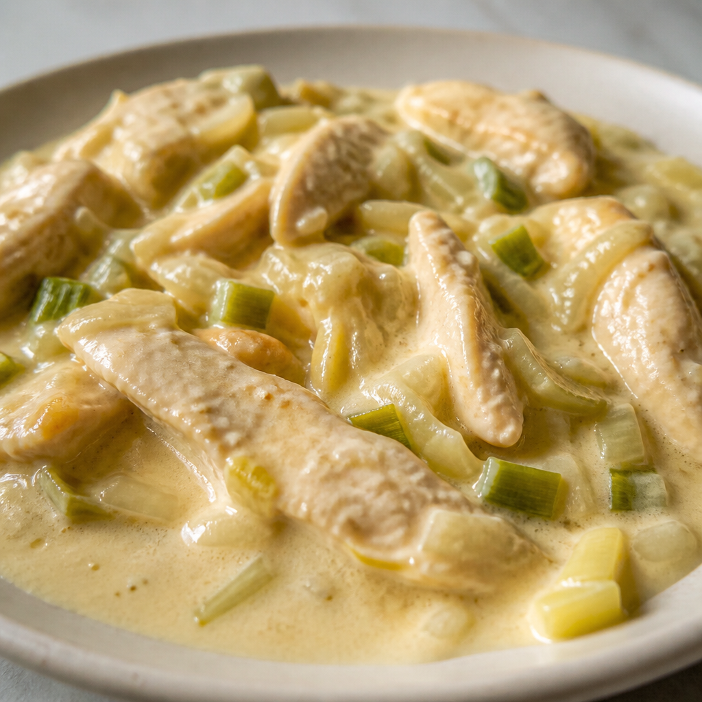 Pollo al verdeo con crema servido en un plato