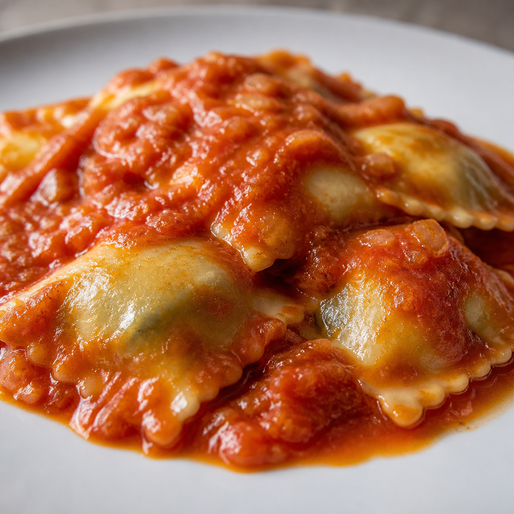 Ravioles caseros de ricota con tuco de tomate y queso rallado