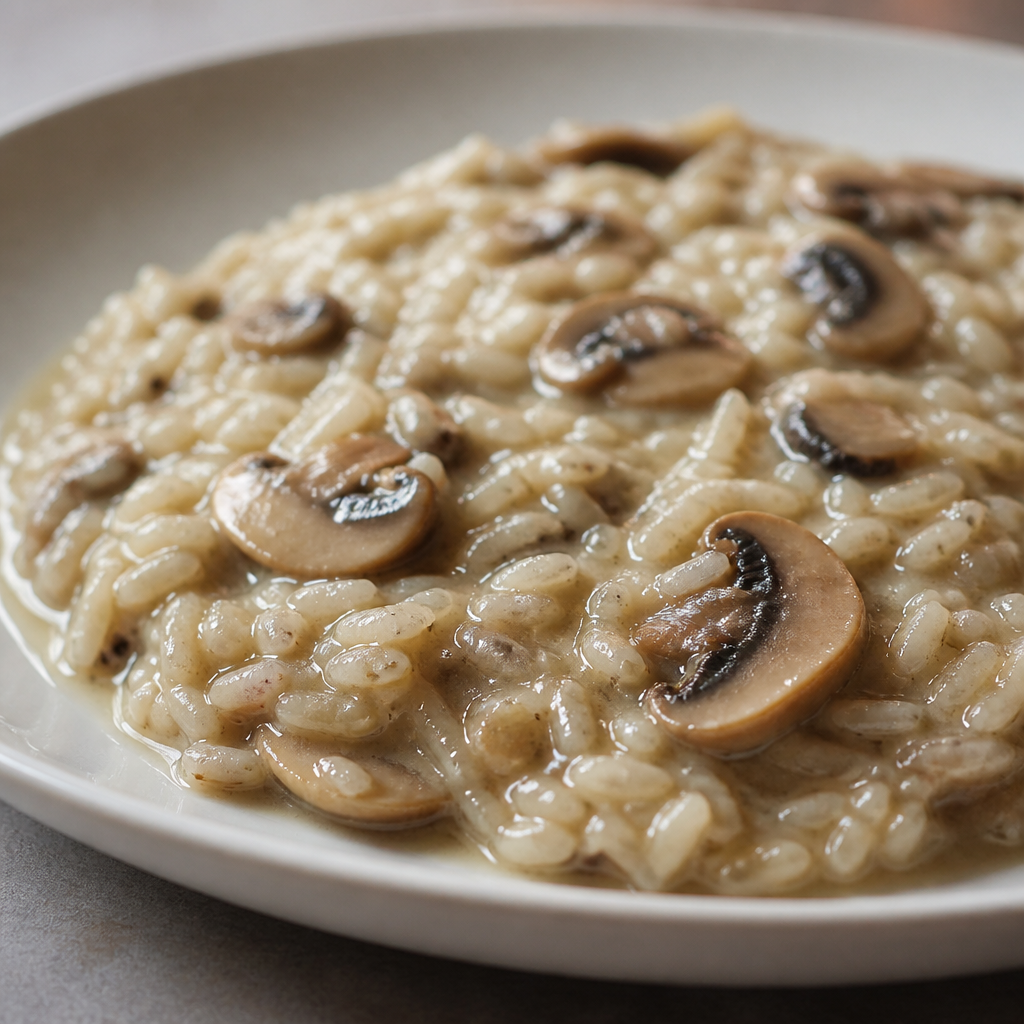 Risotto cremoso de hongos servido en un plato hondo