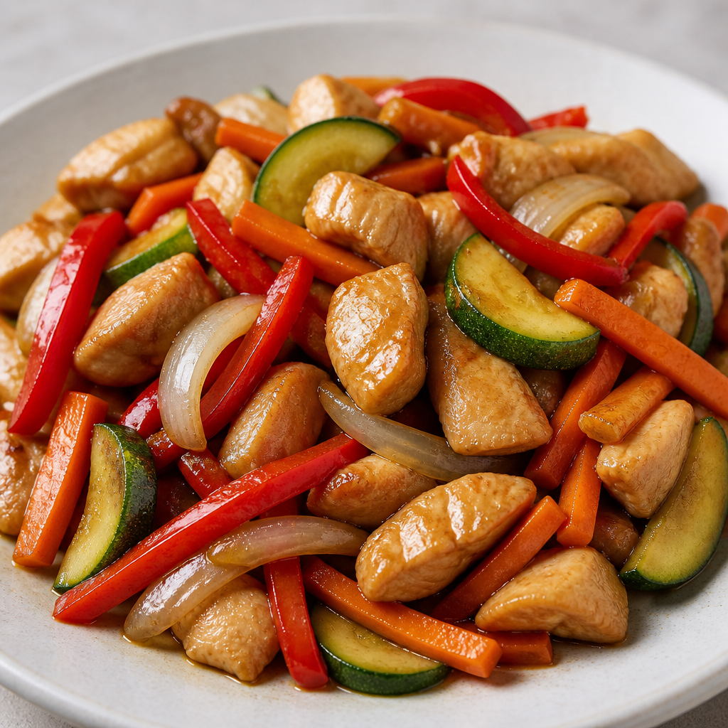 Salteado de pollo con verduras coloridas servido en un wok