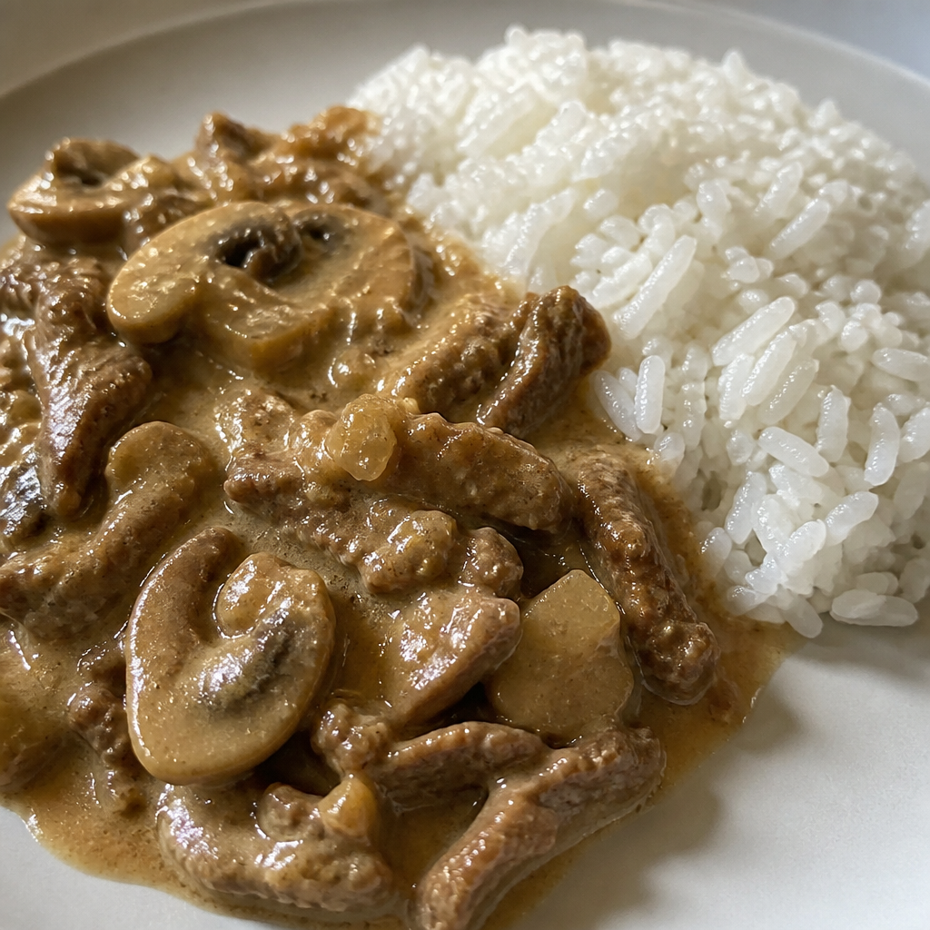 Strogonoff de carne con champiñones y arroz blanco