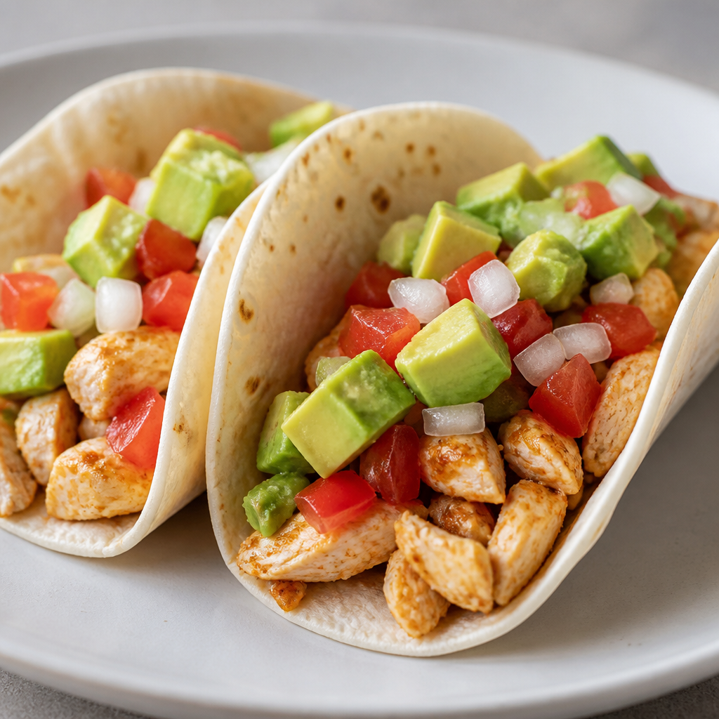 Tacos de pollo con guacamole de palta y vegetales frescos