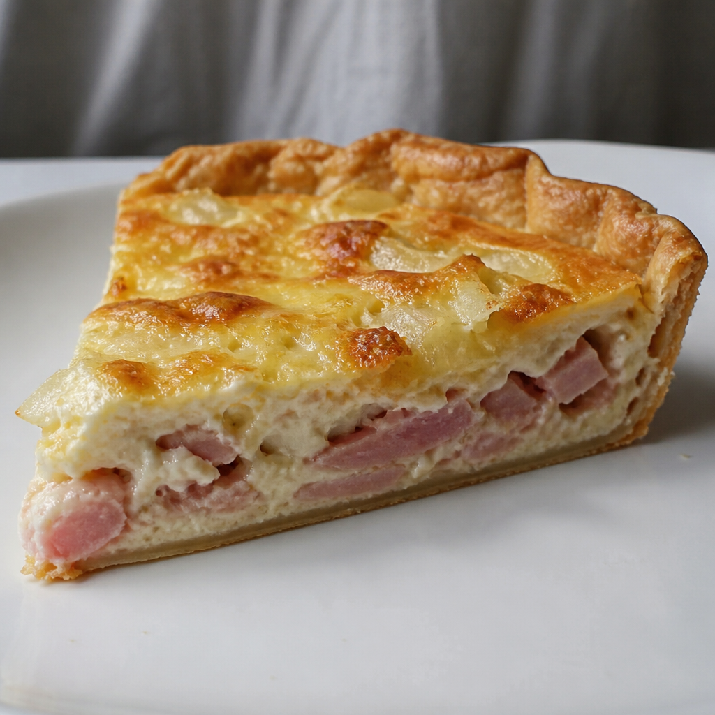 Tarta argentina de jamón y queso dorada, cortada en porciones